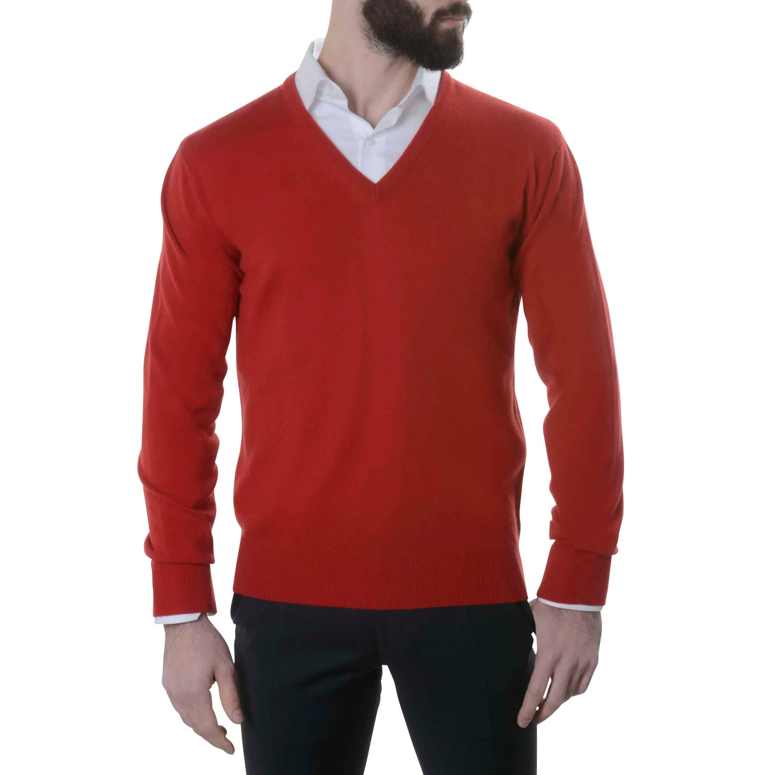 Pull col v 100% cachemire rouge