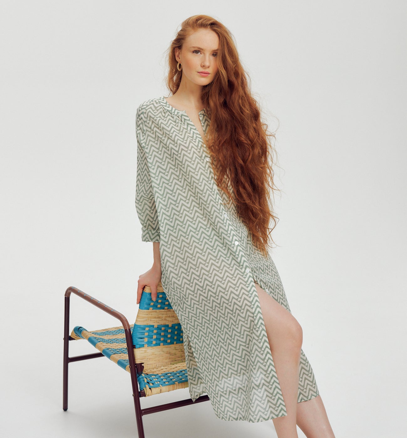 Longue robe-tunique Femme - Imprimé vert clair