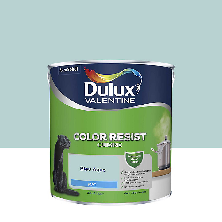 Peinture murs et boiseries Color Resist cuisine Dulux Valentine mat bleu aqua 2,5L