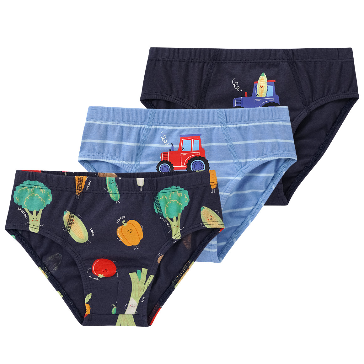 Topolino 3 Jungen Slips mit Bauernhof-Motiven dunkelblau / hellblau