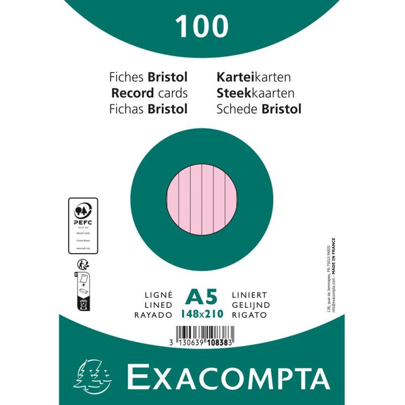 Paquet 100 fiches sous film - bristol ligné non perforé 148x210mm - Rose