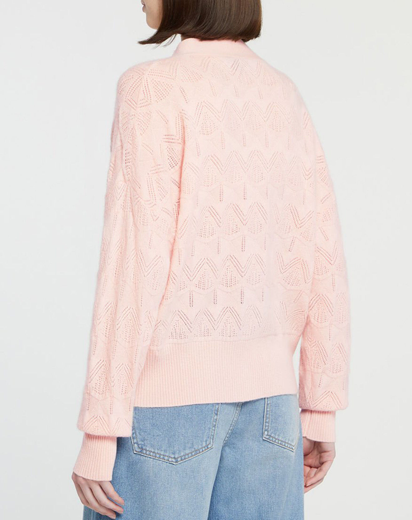 Galeries Lafayette Cardigan en Laine & Cachemire Fabiola ajouré col V rose clair