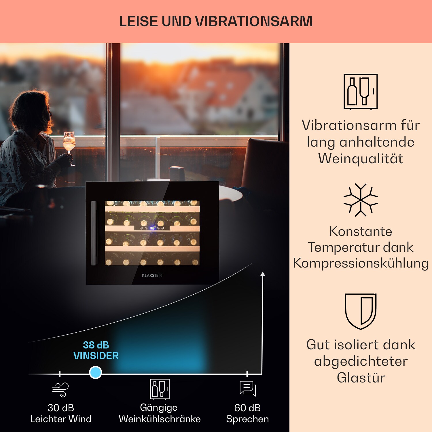 Vinsider 24 Built-In Uno Onyx Einbau-Weinkühlschrank 24 Flaschen 57 L