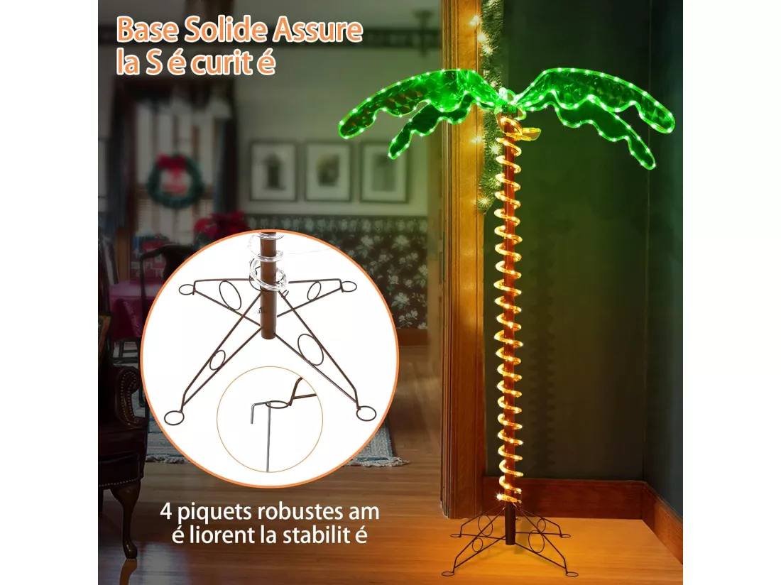 Palmier Artificiel LED Hauteur 136 cm, Lampe Motif de Cocotier d'Intérieur et d'Extérieur, avec Base Pliante, 60Hz/7W