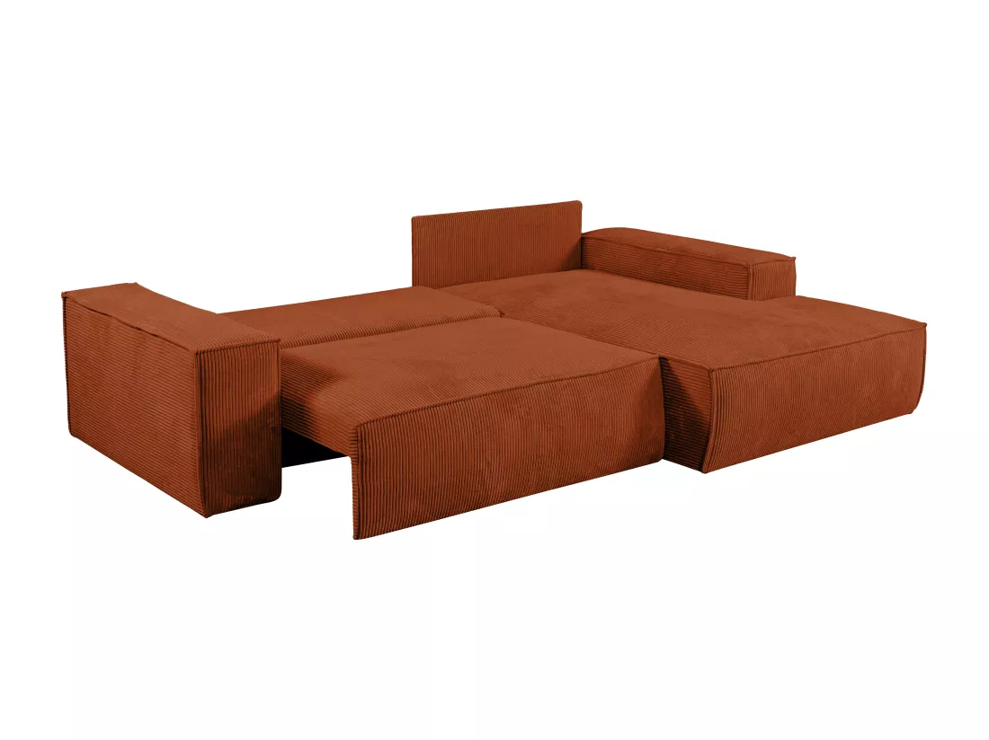 Canapé d'angle droit convertible en velours côtelé terracotta AMELIA