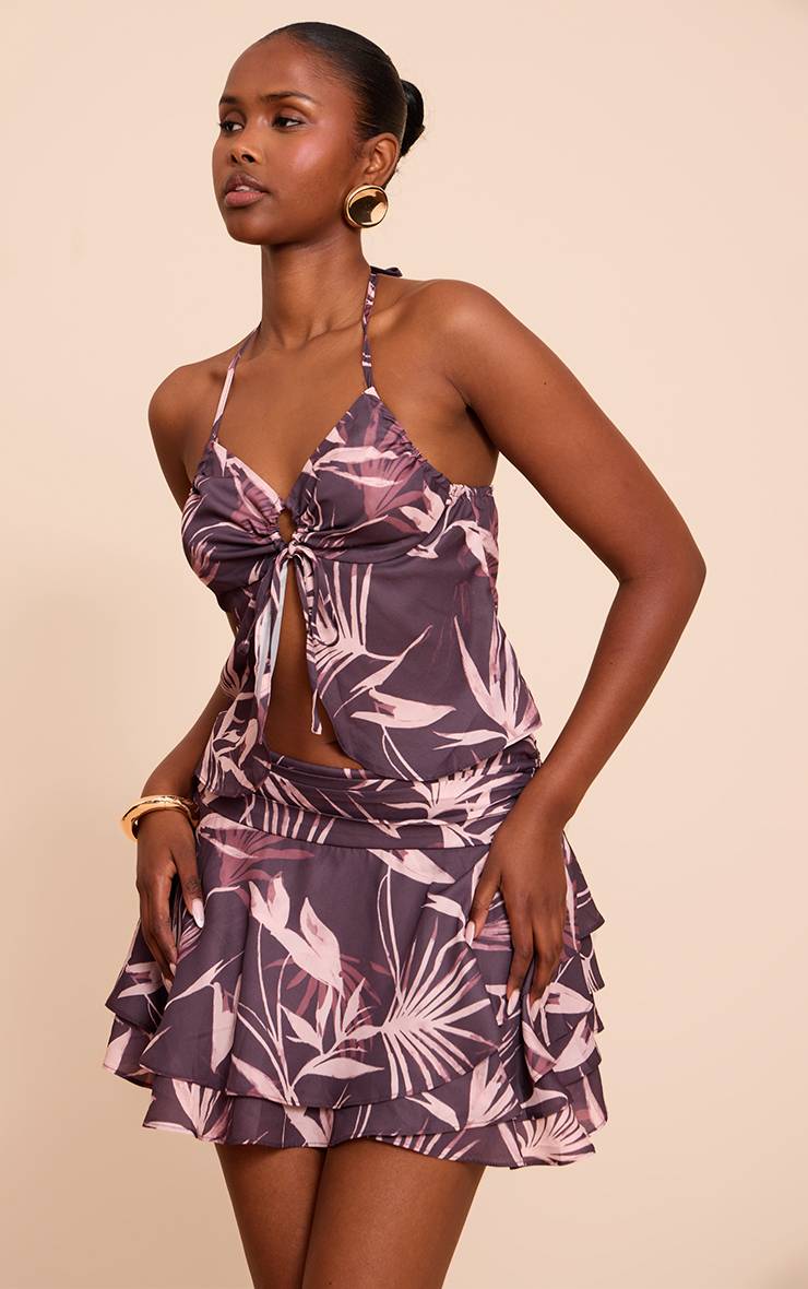 Marron Jupe Mini À Volants Imprimé Floral Coordonné