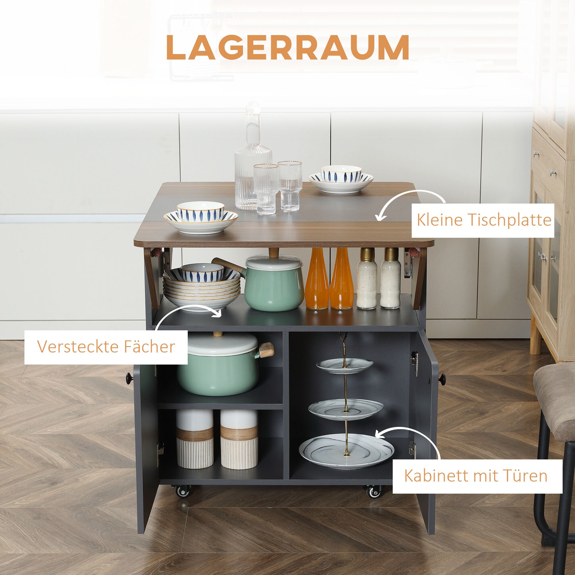 HOMCOM Klapptisch mit 2 umklappbaren Tischseiten grau, natur 70L x 83B x 75H cm