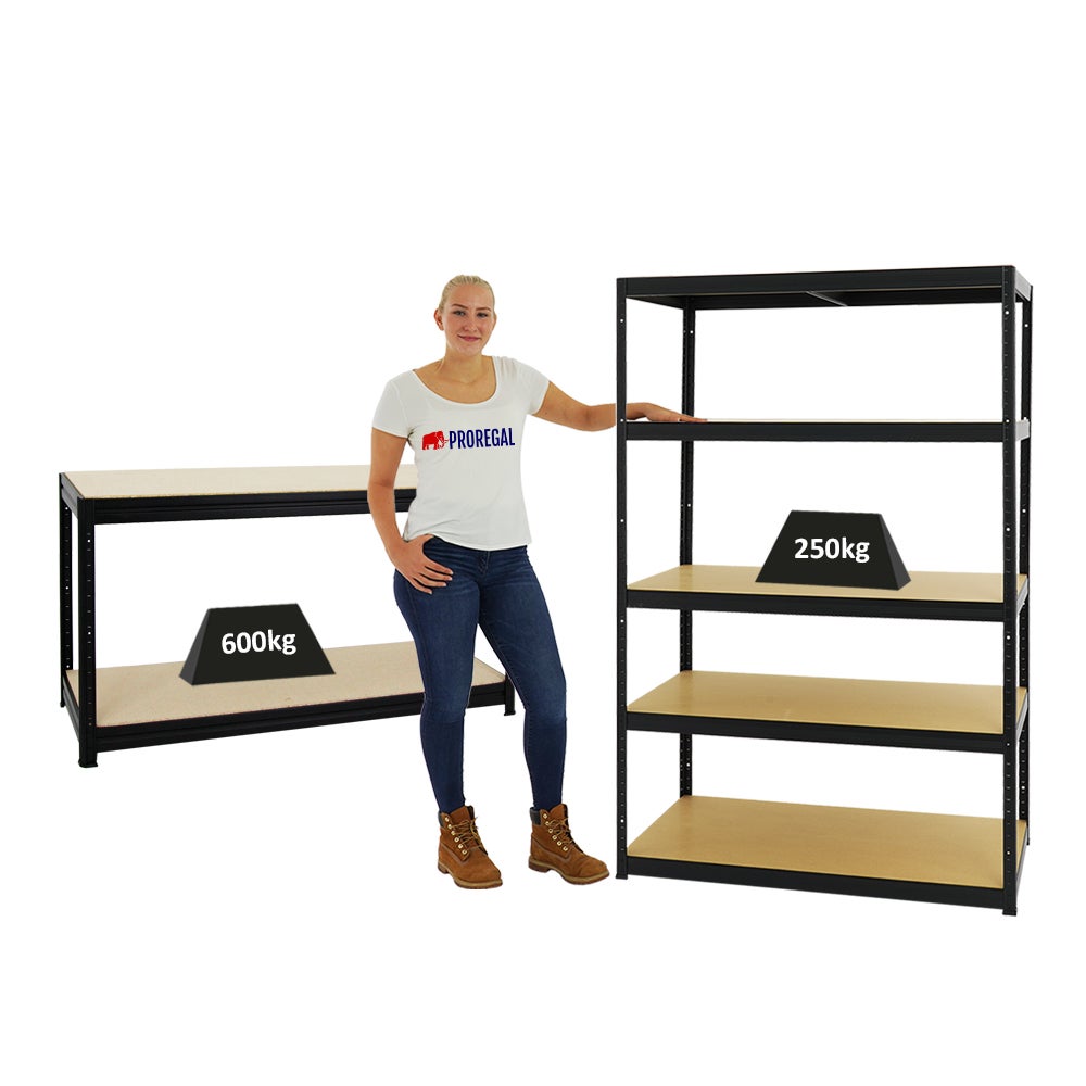 PROREGAL Mega Deal: 1x Heavy-Duty Plankenkast Big Elephant M (HxBxD 180 x 120 x 60 cm) & 1x In hoogte verstelbare werkbank Big Dino (HxBxD 90 x 160 x 60 cm) Zwart