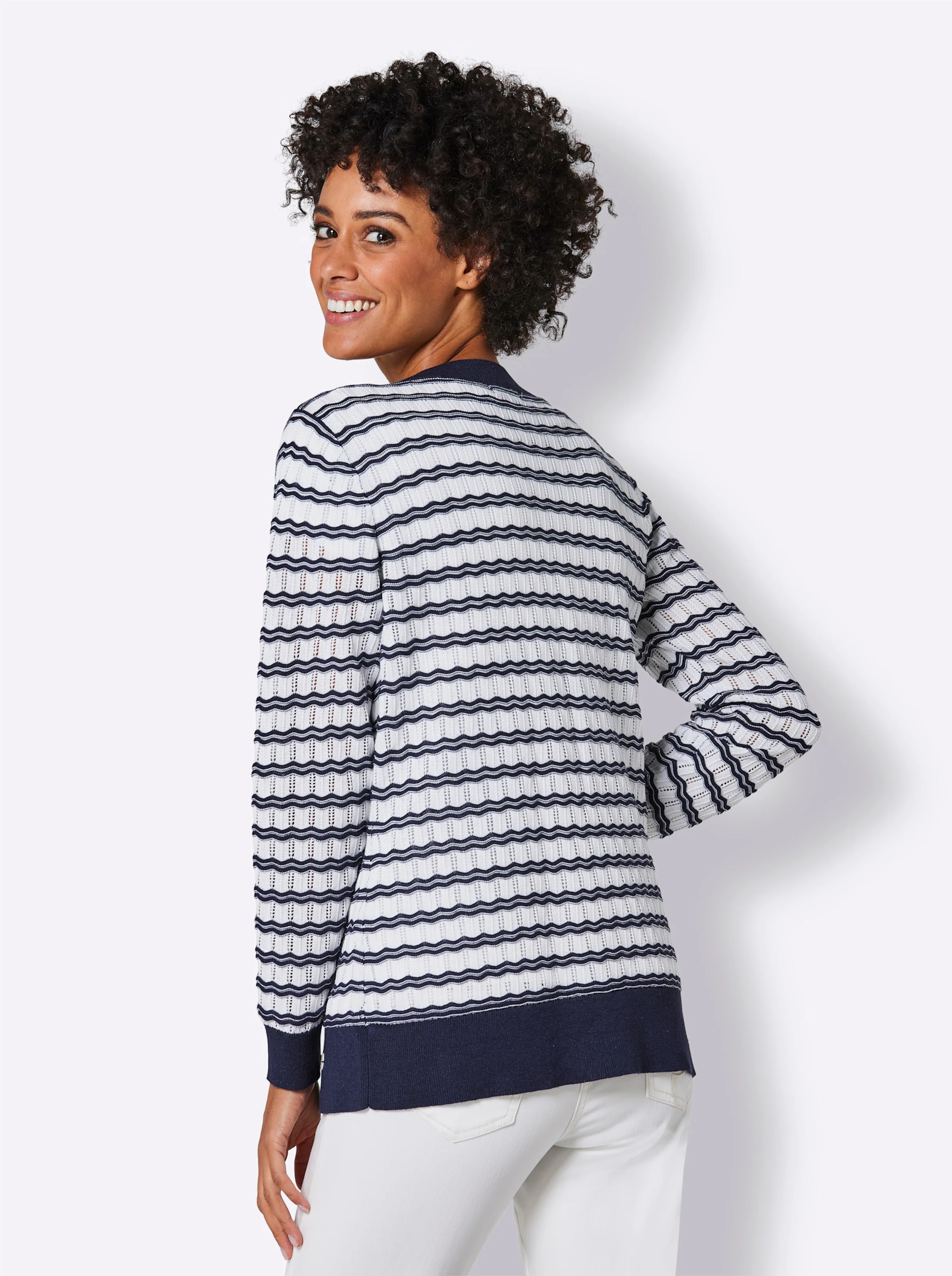 CREATION L PREMIUM Strickjacke in marine-weiß-geringelt