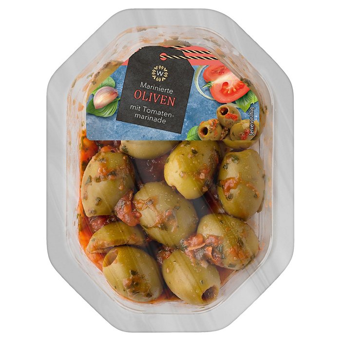 WONNEMEYER Olivenvariationen 100 g, Oliven mit Tomatenmarinade