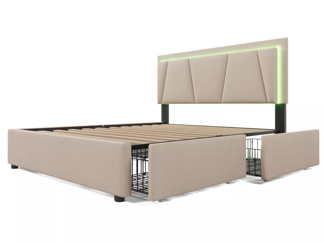 Lit rembourré 140x200cm en lin - avec 2 tiroirs + LED + sommier à lattes - Beige