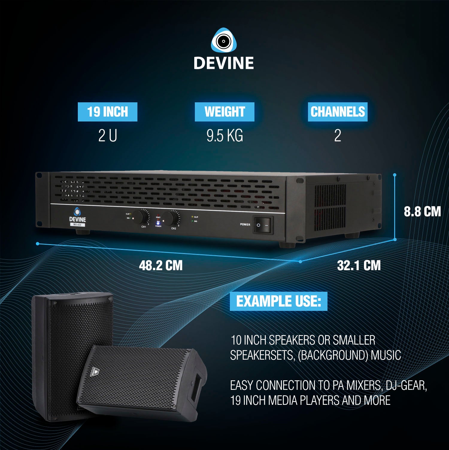 Devine MX-400 2-kanaals PA-eindversterker 2x 200W @ 8 Ohm