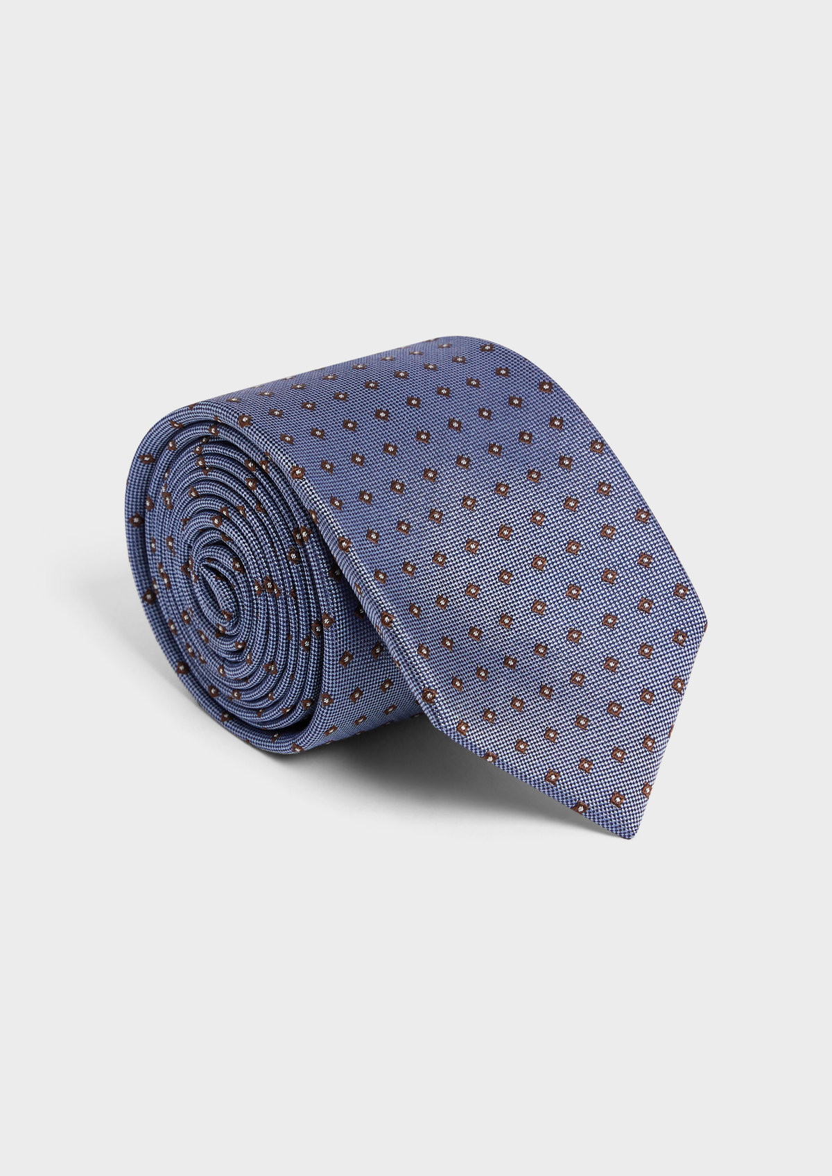 Cravate large en soie bleu jeans à motifs géométriques marron