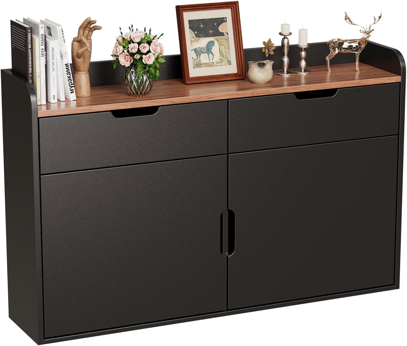 MSFE Hängender Schuhschrank Schmal Flurschrank, Schuhaufbewahrung Holz Platzsparender, Schuhschrank Schwarz mit Schublade, für Eingang, Wohnzimmer, Flur,100 x 63 x 22 cm (BxHxT)