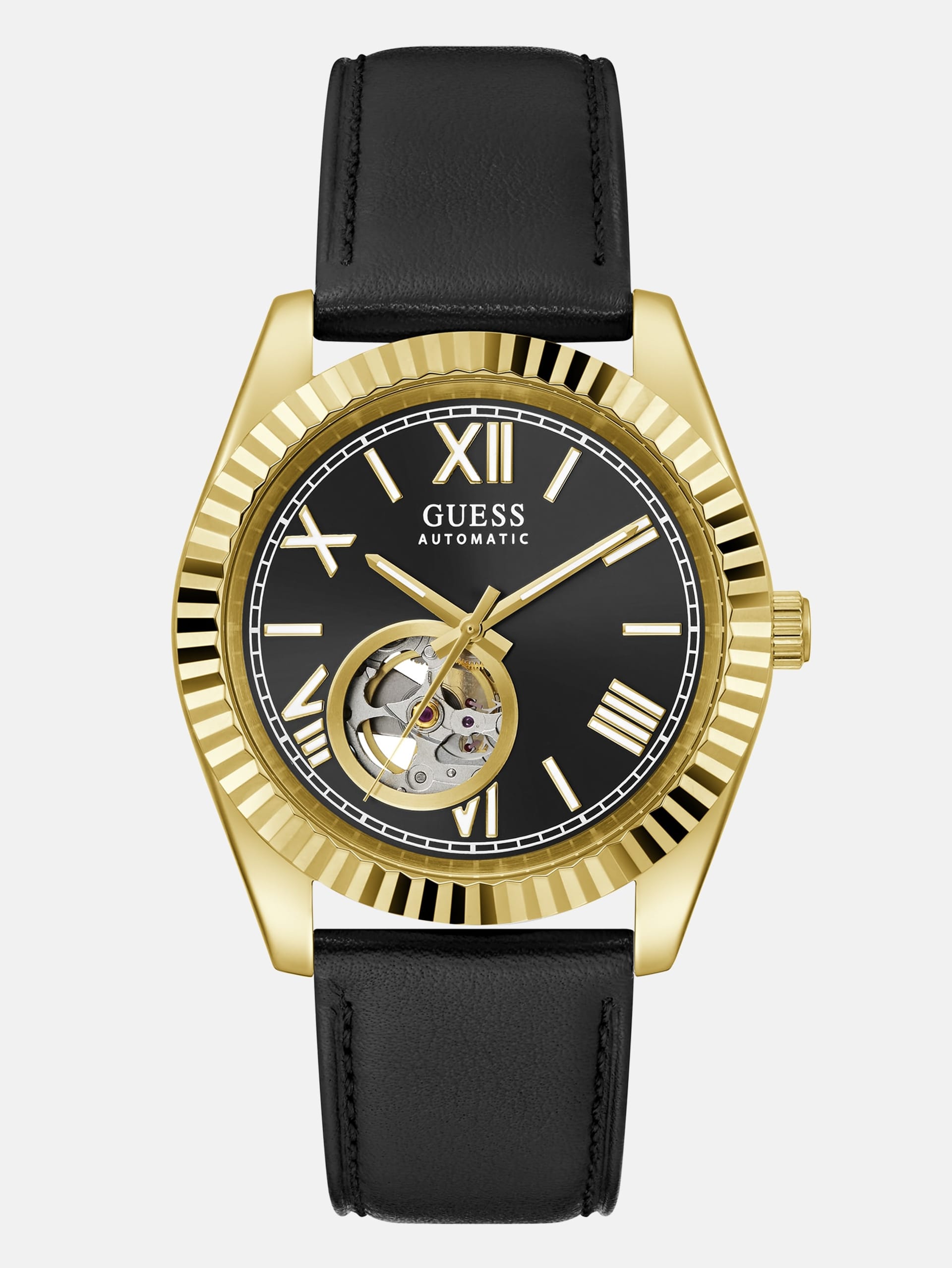 Relógio analógico dourado com pulseira de couro