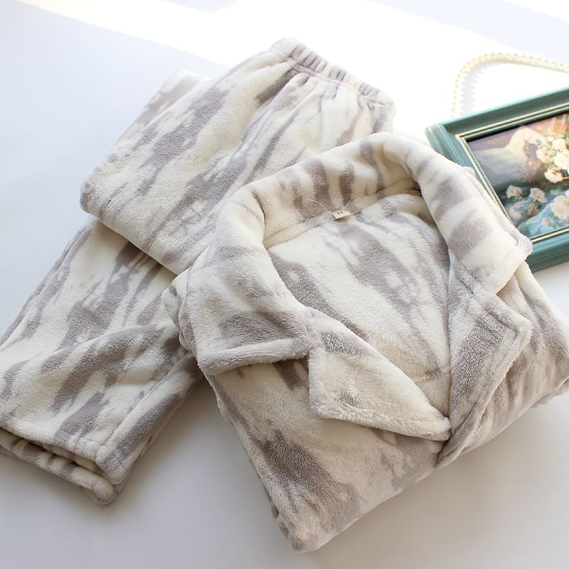 Dogini - Bijpassende pyjamaset voor koppels: lange mouwen, reverskraag, zebraprint, flanellen top met knopen + broek (verschillende ontwerpen)