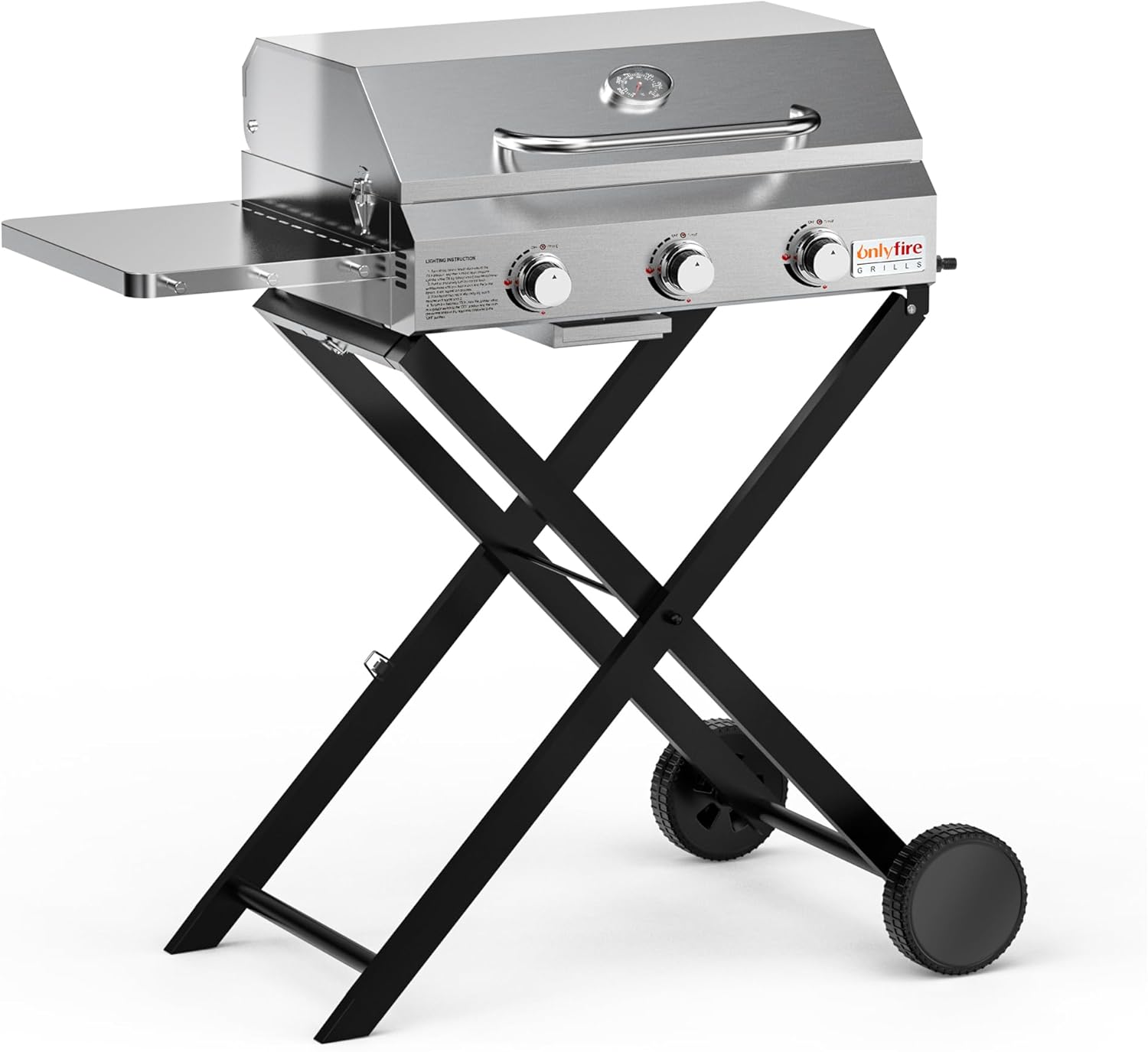 Onlyfire 3 Brenner Gas Grillwagen | BBQ Gasgrill mit Grillrost | 7Kw | Grillfläche 56,5×34cm | mit Seitentischen, Faltbarem Rollwagen, Rollen, Thermometer | für Outdoor Camping Balkon Garten