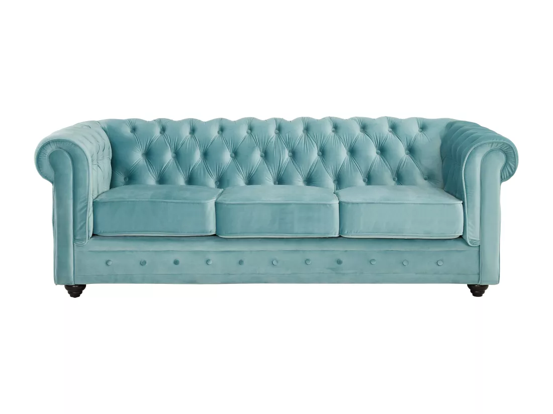 Canapé 3 places et fauteuil CHESTERFIELD - Velours bleu pastel