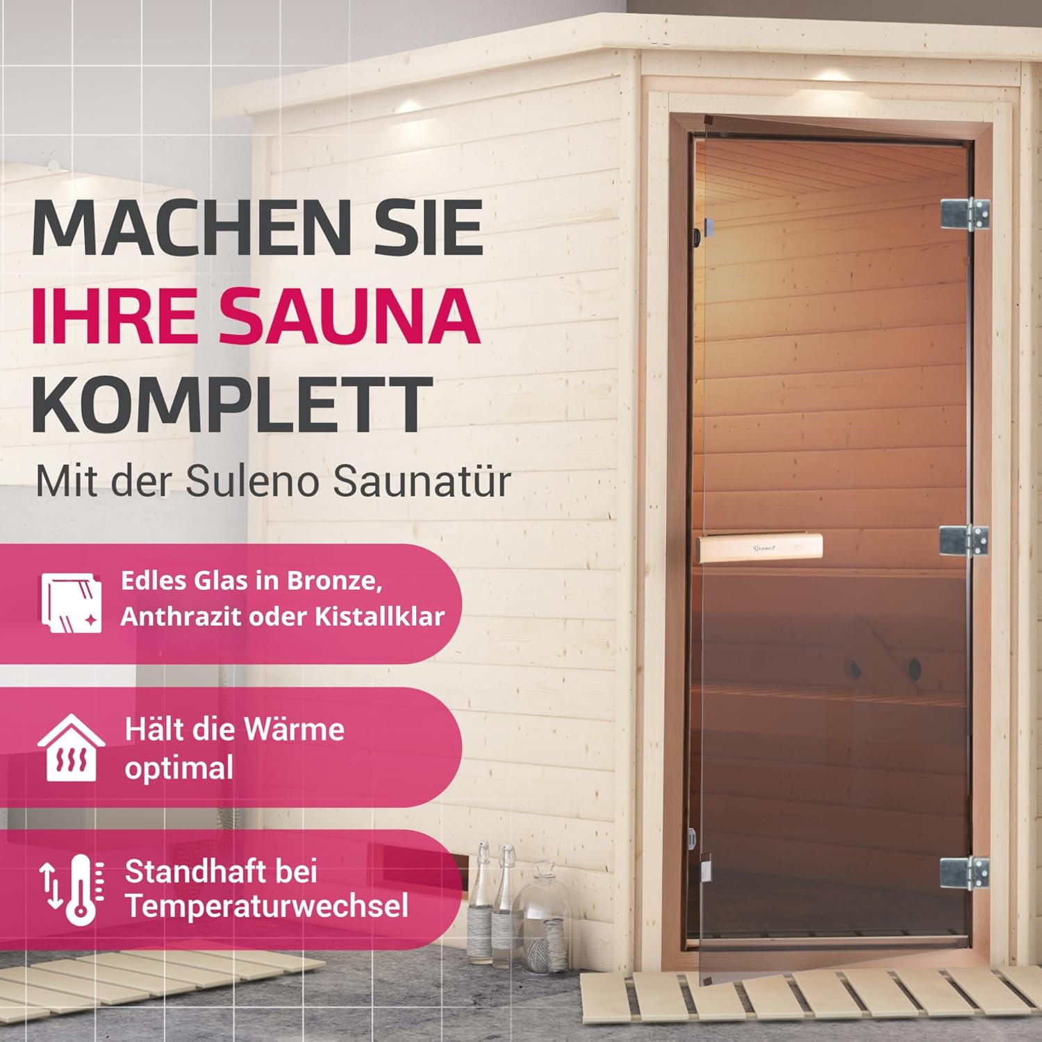 Suleno® Hochwertige Saunatür mit Zarge | Komplettset | 70 x 190 cm | Robuste Konstruktion | Inklusive Holzgriff - Demmelhuber (Bronze)