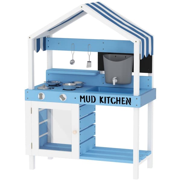 Mud Kitchen Barn Utehage Leke Kjøkken Laget av tre med komfyr, vask, kran, oppbevaringshyller, kokekar, tilbehør, lekekjøkken for barn 3-7 år Blå