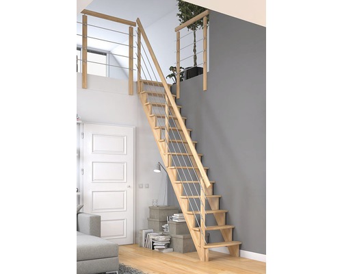 Pertura Filia massief beukenhouten trap zonder stootborden, onbehandeld, recht, 75 cm, 12 treden / 13 stootborden, leuning