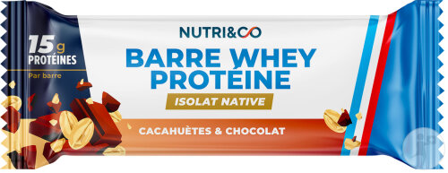 Nutri&Co Barre Protéines Whey Isolat Native Goût Cacahuètes & Chocolat 50g