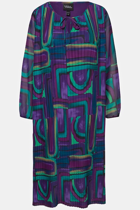 Plissee-Midikleid, A-Linie, Tunika-Ausschnitt, Langarm