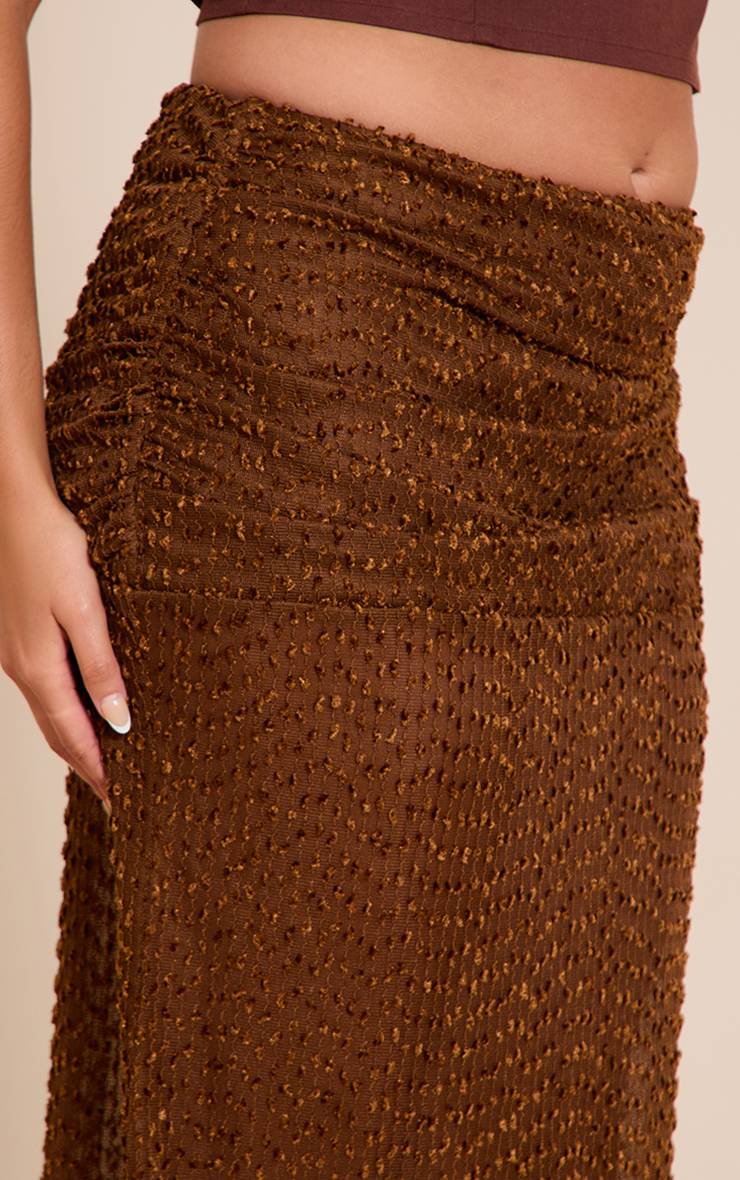 Taupe Jupe Maxi Grande Taille Bouclé Texturé À Taille Repliée Et Froncée