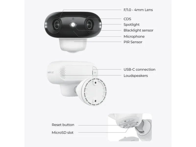 Reolink Argus Series 4 Pro - Netværksovervågningskamera - udendørs - vejrbestandig - farve (Dag/nat) - 8 MP - 5120 x 1440 - 4K - fast brændvidde - audio - trådløs - WiFi - 802.11ax, Bluetooth 5.0 - H.264, H.265