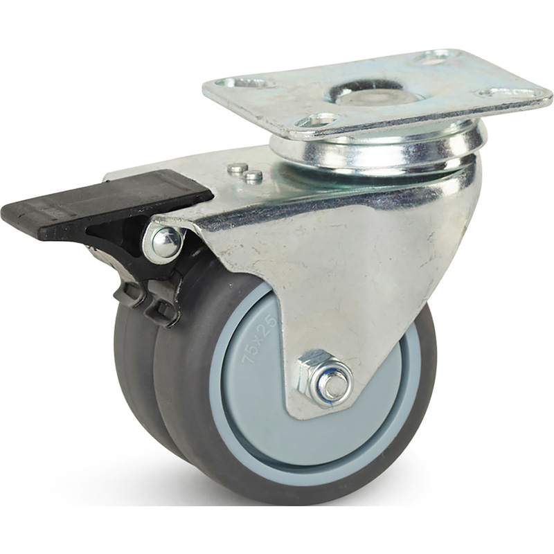 Dubbel zwenkwiel TP-rubber met rem 75mm - 150kg draagvermogen