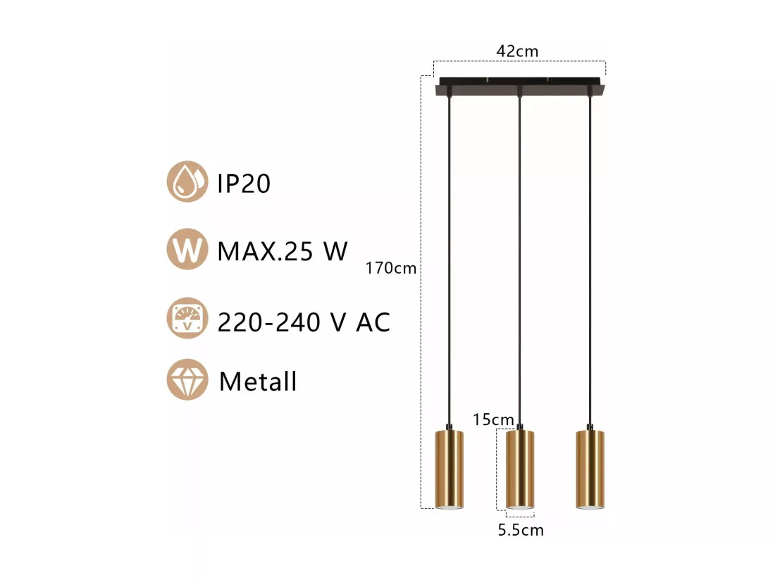 NETTLIFE Suspension 3 feux Or Noir Vintage GU10 Industrielle