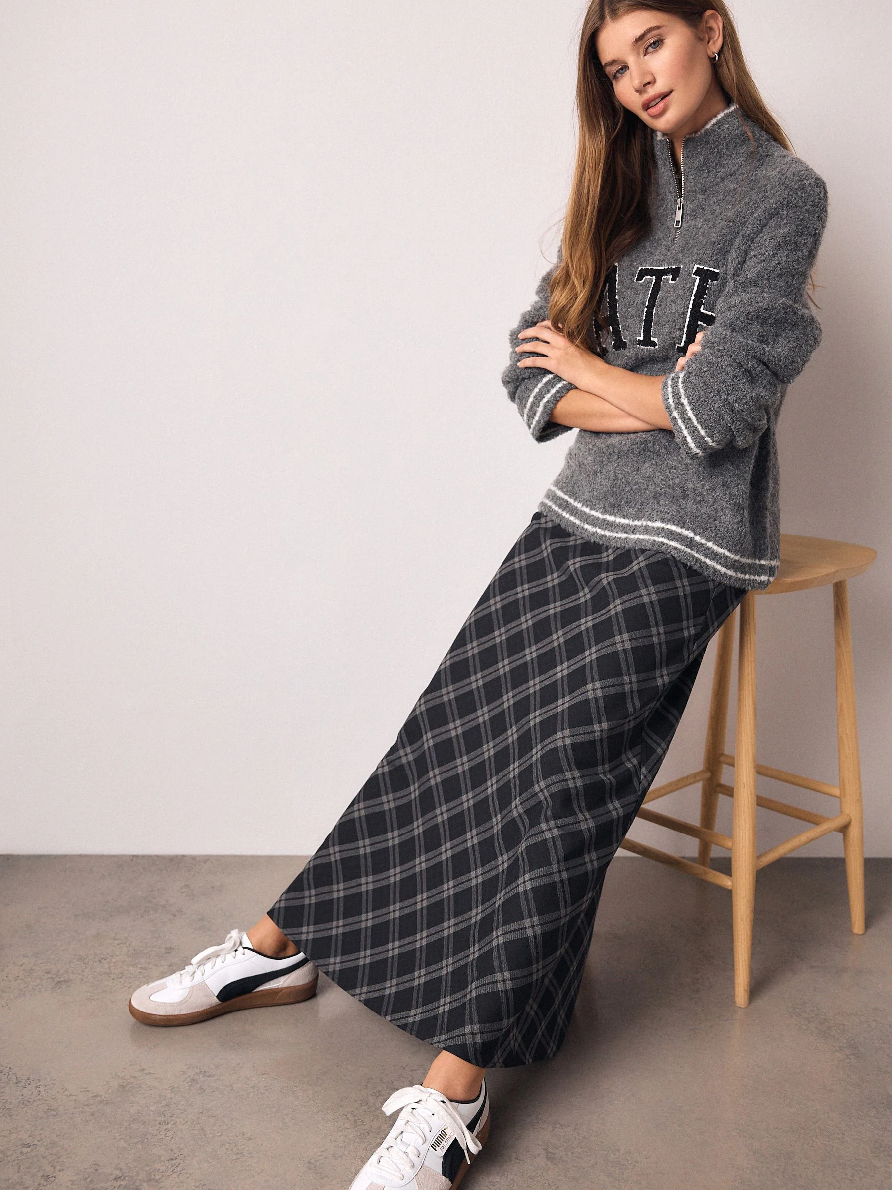 Grijs - Ruit Midi Slip Rok