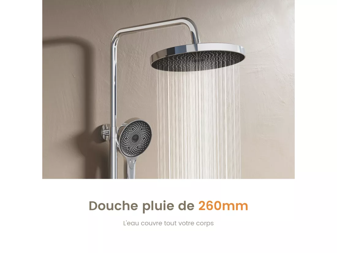 EMKE Colonne de douche Thermostat Chrome, Régulation innovante du débit, douche à effet pluie de 26 cm, douchette à main avec 3 jets Système de douche