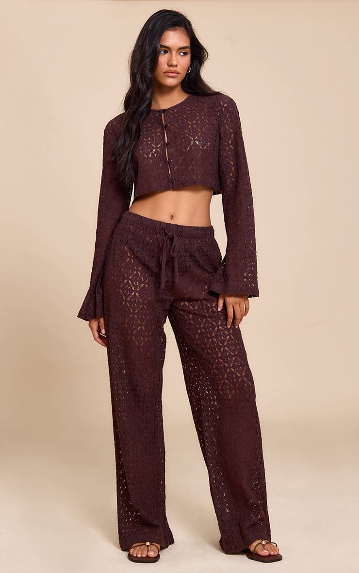 Marron Pantalon Droit En Dentelle