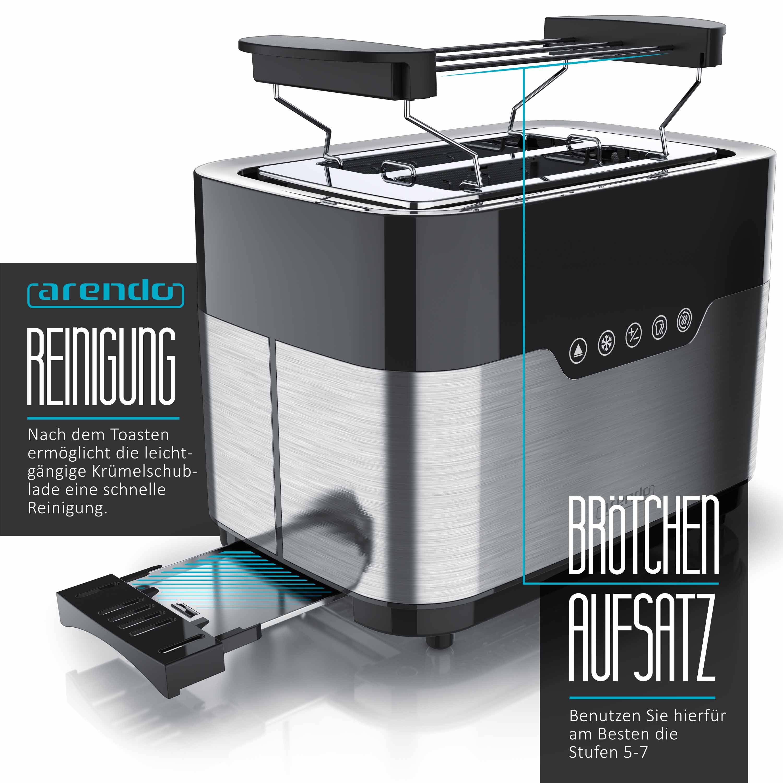 Arendo 2-Scheiben Toaster MORGEN Edelstahl, 920 W, mit extra breiten Schlitzen, Touchpanel mit LED-Anzeige, Schwarz/Silber