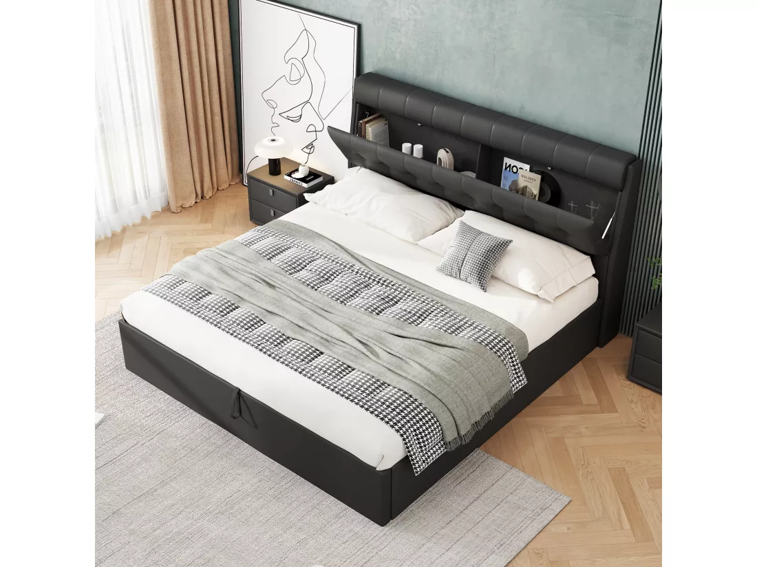 Lit coffre 180x200 cm - en similicuir - tête de lit avec rangement - Noir
