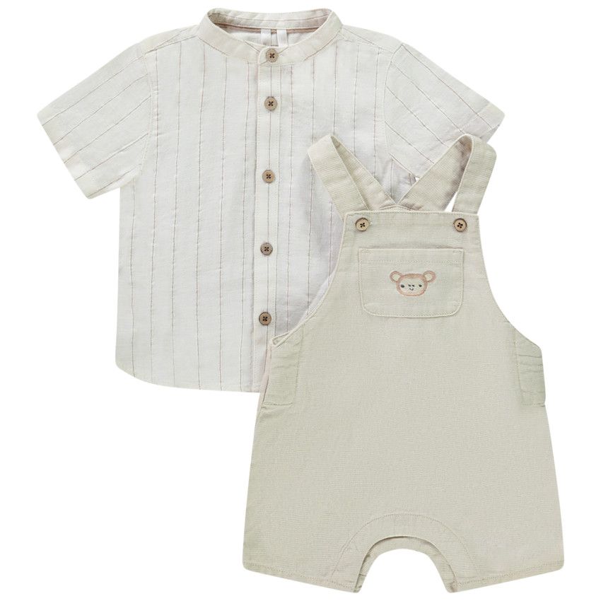 Ensemble salopette courte + chemise manches courtes rayées pour bébé garçon - Ecru