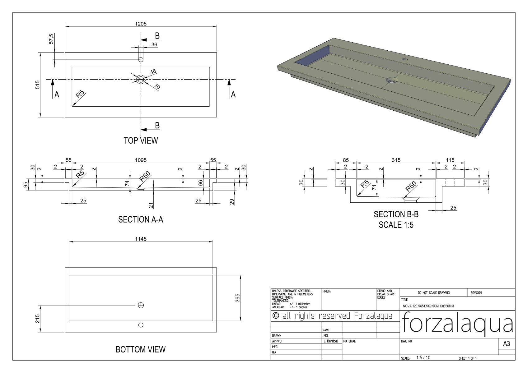 Forzalaqua Nova wastafel 120x50cm met kraangat graniet gezoet en gefrijnd