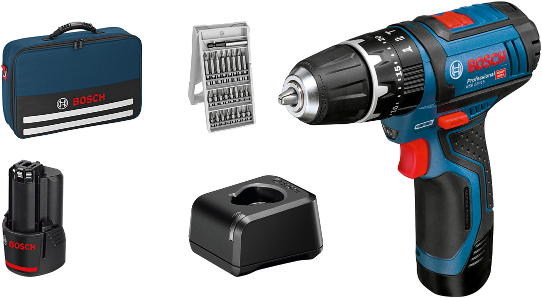 Bosch Professional  GSB 12V-15 Akku-Schlagbohrschrauber, 2 x 2,0Ah    Kompakter Bohrschrauber mit Schlagbohrfunktion
