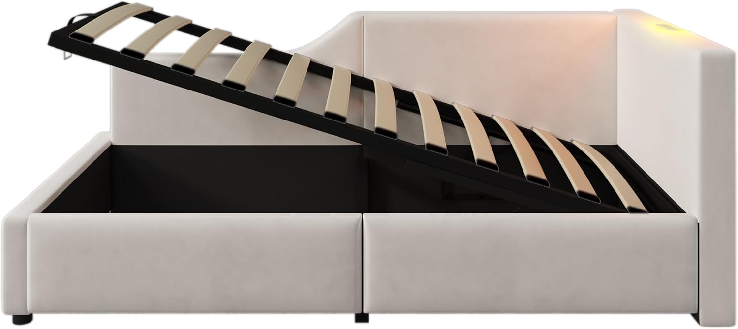 ANIROY Polsterbett, Tagesbett, Daybett, Schlafsofa mit Hydraulischem Stauraum, Lese-LED und USB-C-Ladefunktion, Kinderbett, Jugendbett, Bettgestell mit Lattenrost aus Holz, Samt (Beige, 90 x 200)