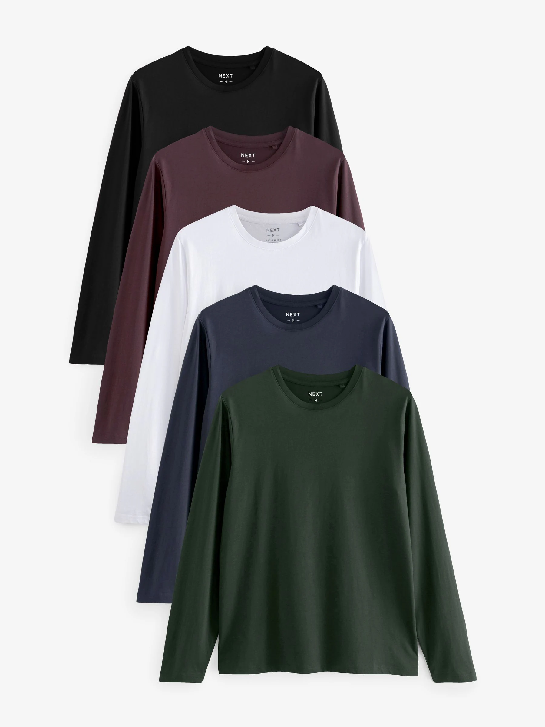 Zwart/wit/marineblauw/groen/bordeauxrood - Normale Pasvorm - verpakking van 5 regular-fit T-shirts met lange mouwen van 100% katoen