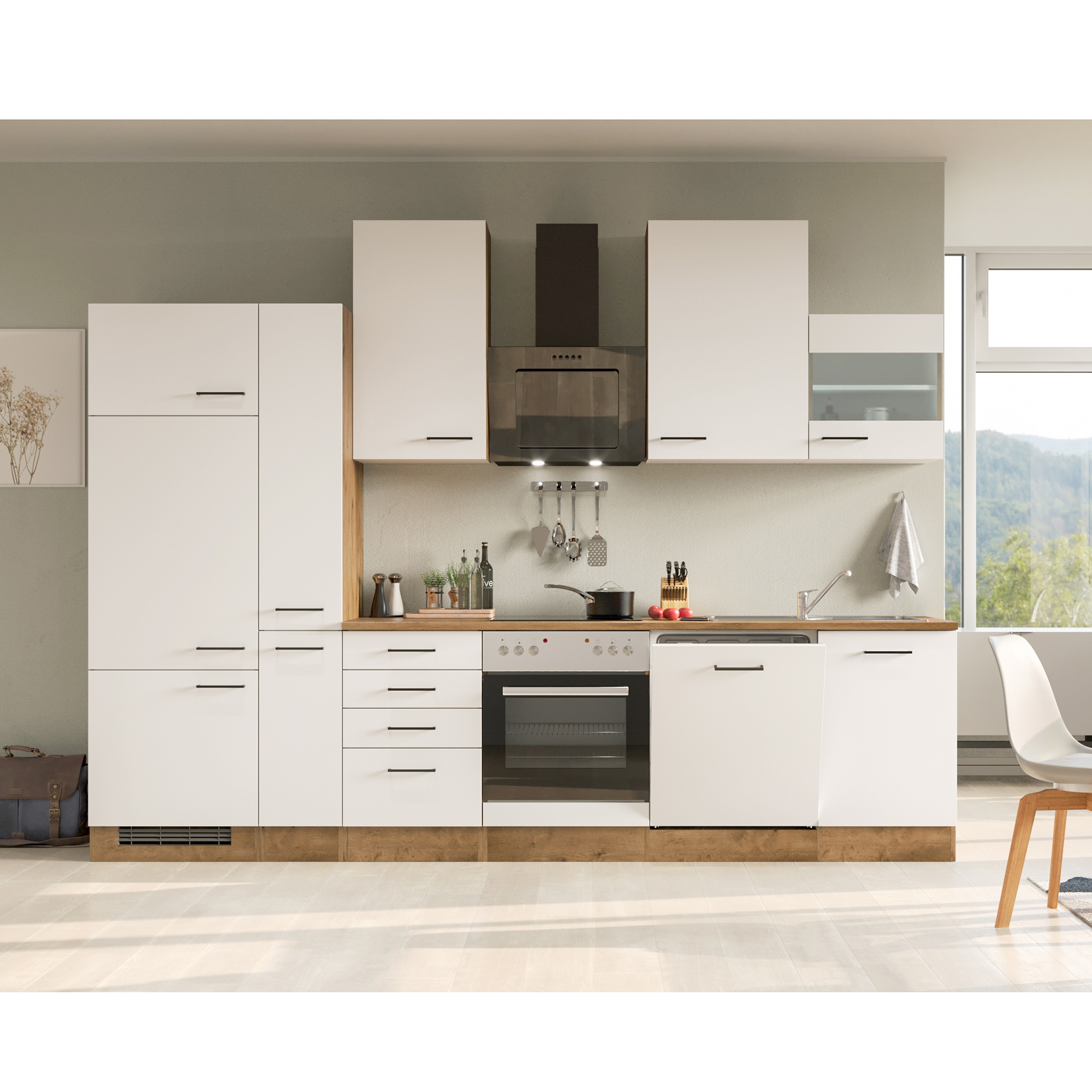 Küchenblock VINTEA - Magnolia matt - Lancelot Oak - mit E-Geräten - 310 cm