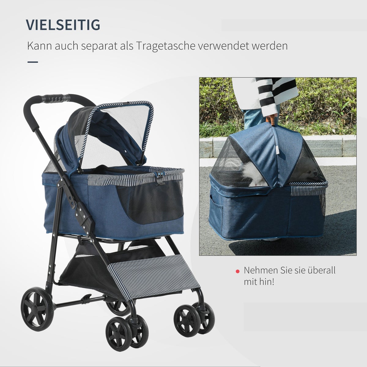 PawHut hondenbuggy, 77,5L x 51B x 99,5H cm, staal, Oxford-stof, donkerblauw