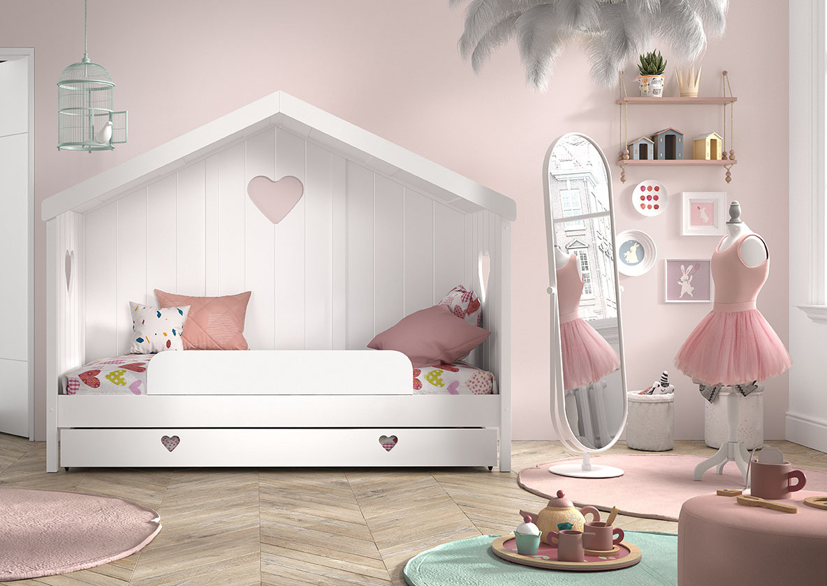 Hausbett AMORI - weiß - teilmassiv - Rückwand - mit Bettschublade und Absturzschutz - 90x200 cm