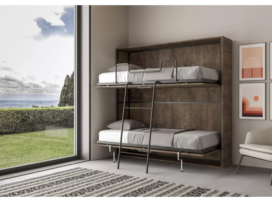 Lit escamotable superposé noyer horizontal 2 couchages 85x185 Bounto-