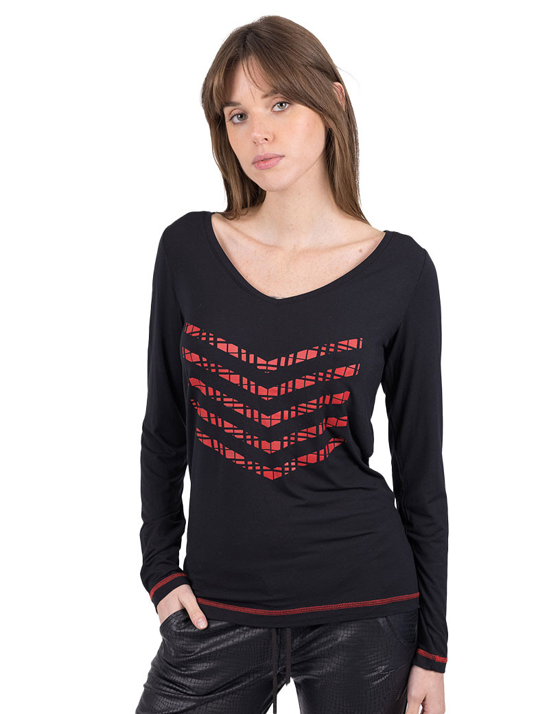 HBT BASICS - JUSTINE TOP MODAL CHEVRONS NOIR/RED PRINT