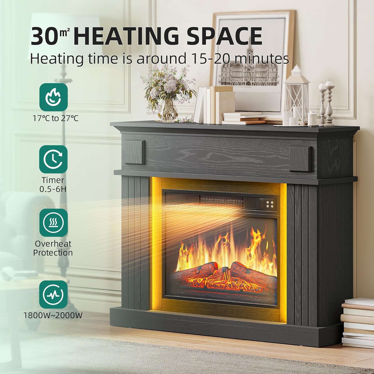 YITAHOME Elektrokamin, 23inch Realistischer 3D Flammeneffekt Erwärmungsfreistehender Elektrischer Kamin mit Timer und 24-Farb-LED-Lichtband und Fernbedienung