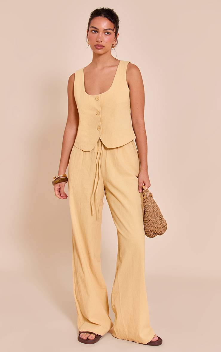 Butter Yellow Gilet Ajusté Col Rond Aspect Lin Sur Mesure