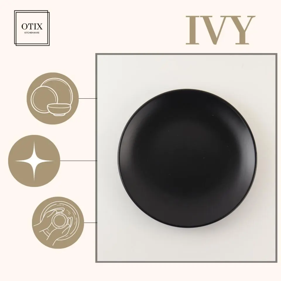OTIX Ontbijtborden Bordenset van 12 Stuks 21cm Zwart Aardewerk IVY