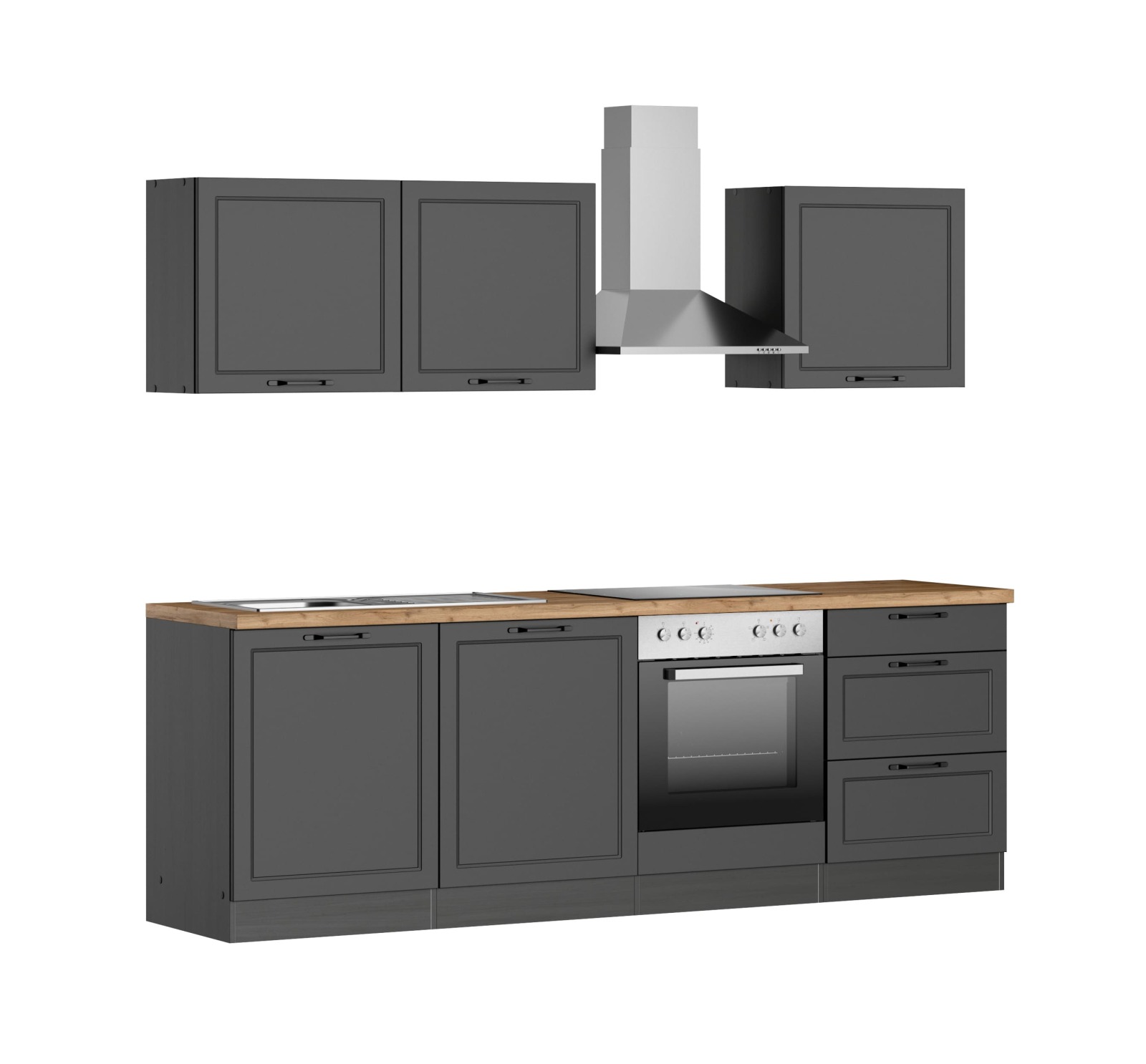Küchenzeile MERAN - grau - Wotaneiche - mit E-Geräten - 240 cm